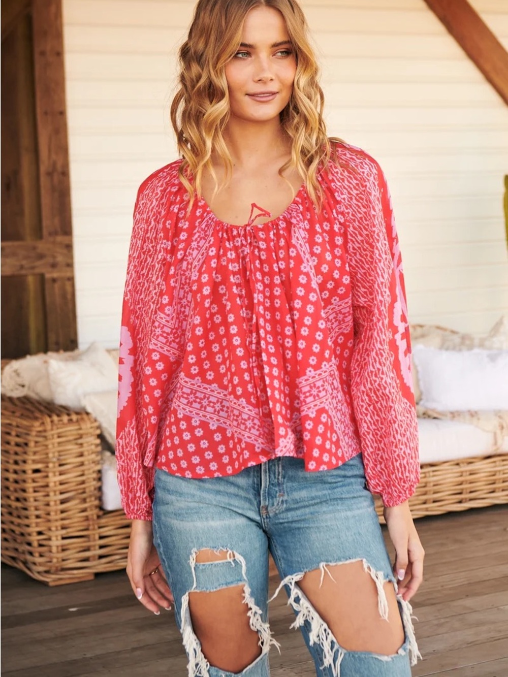 free people Elena printed blouse red pink size large - Picture 3 of 5